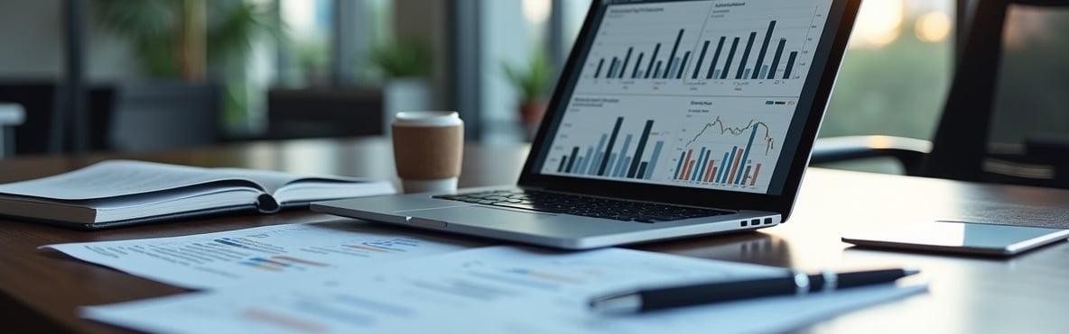 Notebook exibindo gráficos e indicadores de gestão sobre uma mesa de trabalho