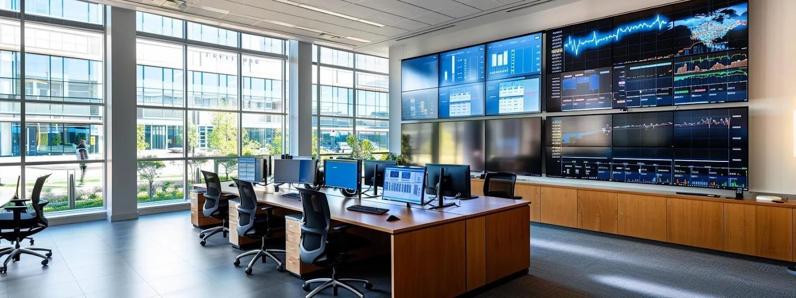 Ambiente corporativo conceitual com monitores e dashboards de gestão