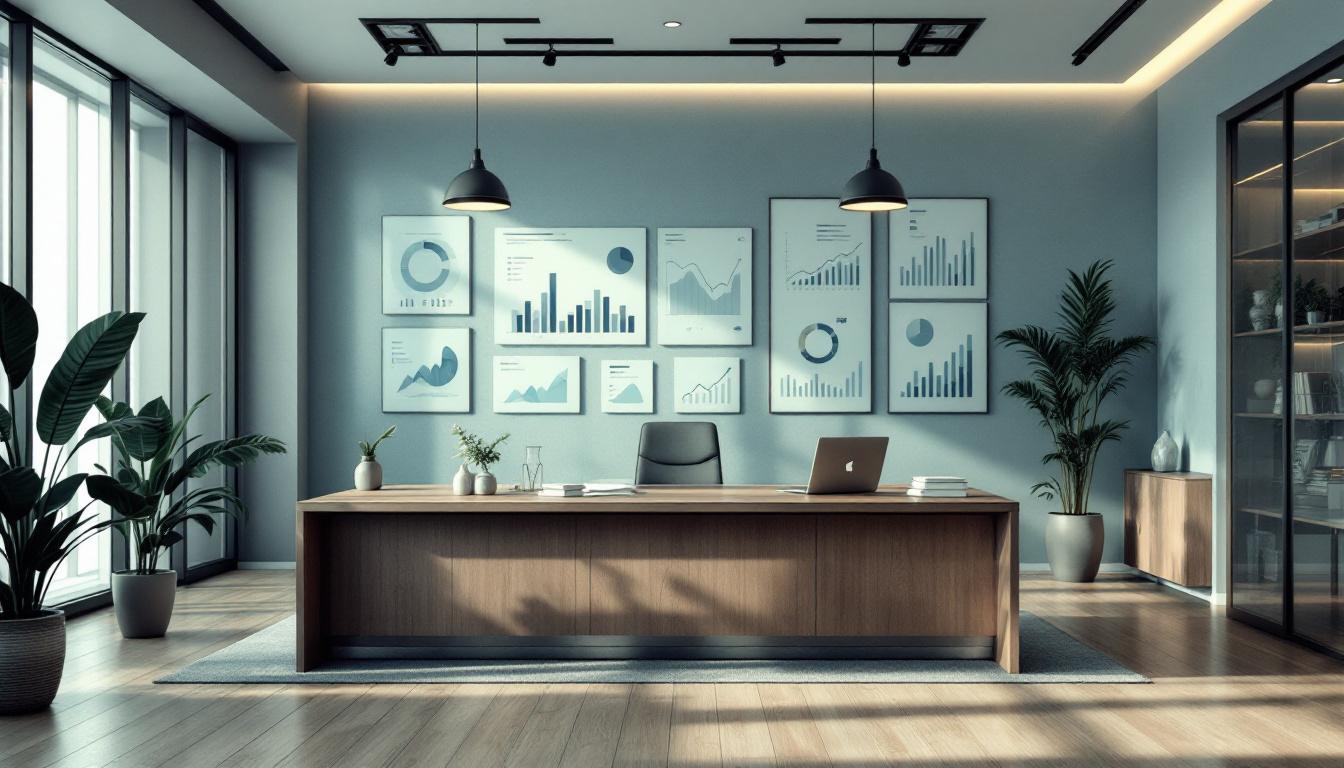 Ambiente corporativo conceitual com notebook, mesa e gráficos de gestão